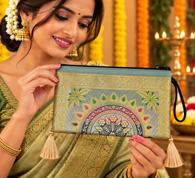 Banarasi Silk Zipper Hand Bag | Traditional Indian Wedding Return Gift