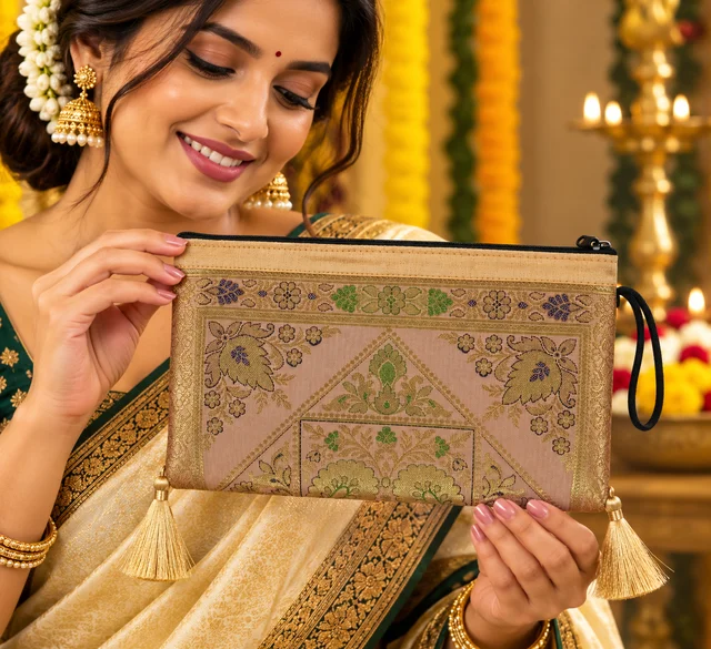Banarasi Silk Zipper Hand Bag | Traditional Indian Wedding Return Gift