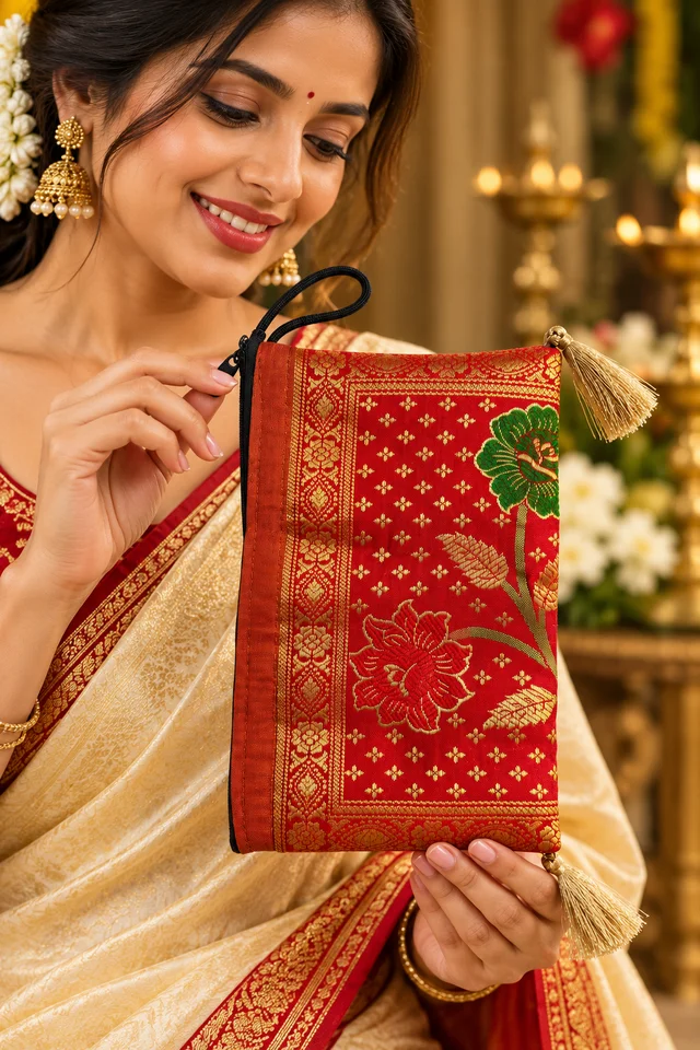 Banarasi Silk Zipper Hand Bag | Traditional Indian Wedding Return Gift