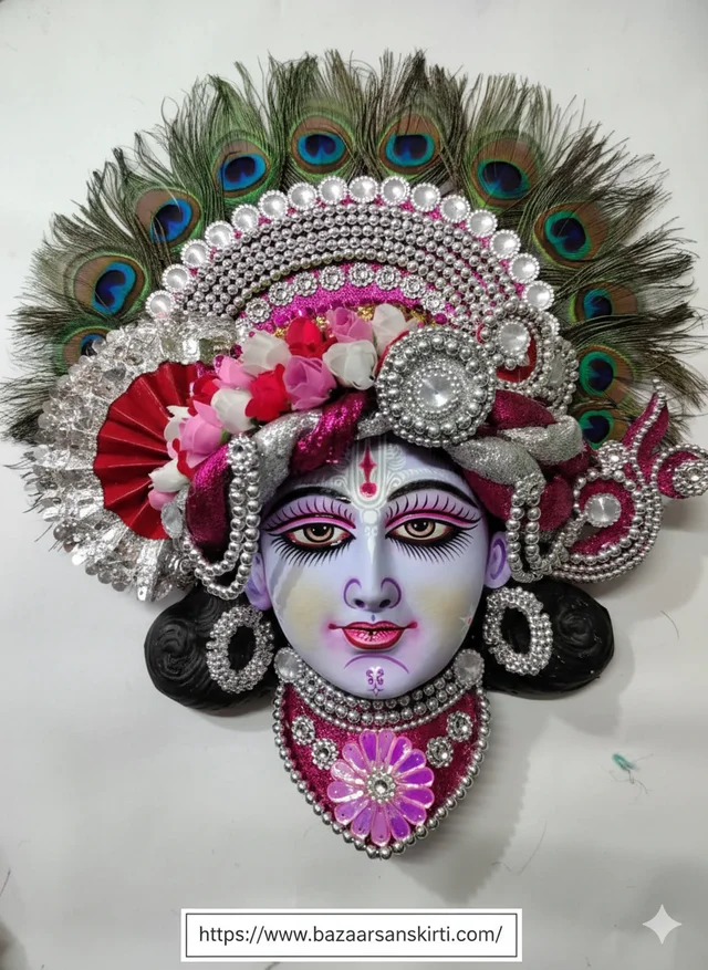 Authentic Lord Krishna Chhau Mask – Handcrafted Folk Art with Peacock Feathers & Intricate Beadwork