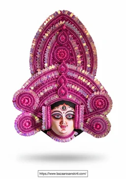 Authentic Handcrafted Maa Durga Chhau Mask – Elegant Magenta & Sequin Edition (Bengal Folk Art)