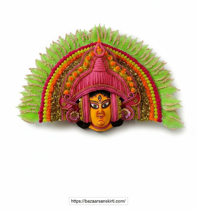 Handcrafted Maa Durga Chhau Mask – Vibrant Yellow & Pink Edition with Intricate Leaf-Patterned Crown
