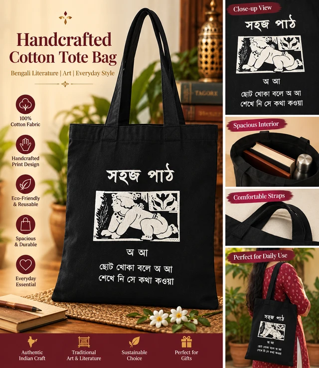 Handcrafted Cotton Tote Bag – Bengali Literature & Traditional Art - Sahajpath