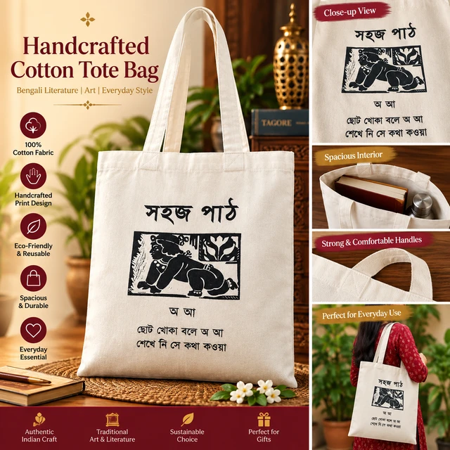Handcrafted Cotton Tote Bag – Bengali Literature & Traditional Art - Sahajpath