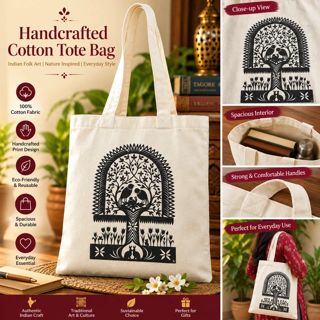 Handcrafted Cotton Tote Bag – Bengali Folk Art & Nature Design