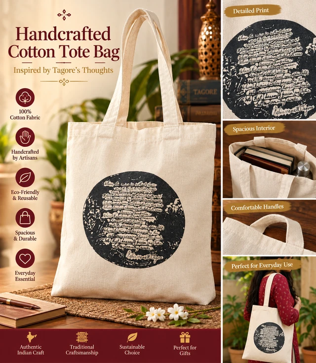 Handcrafted Cotton Tote Bag – Bengali Literature & Traditional Art