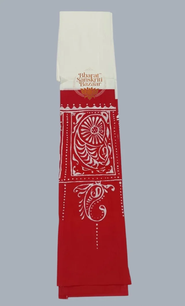 Shantiniketan Prakriti Dhara Batik Uttario (White & Red)