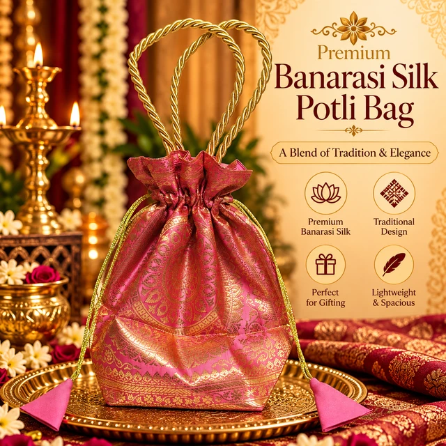 Banarasi Silk Brocade Potli Bag with Gold Handle | Traditional Indian Pouch
