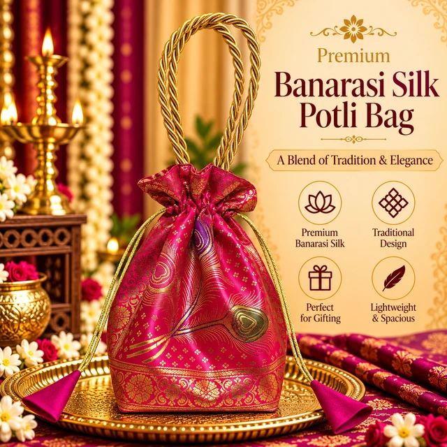 Banarasi Silk Brocade Potli Bag with Gold Handle | Traditional Indian Pouch
