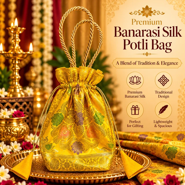 Banarasi Silk Brocade Potli Bag with Gold Handle | Traditional Indian Pouch