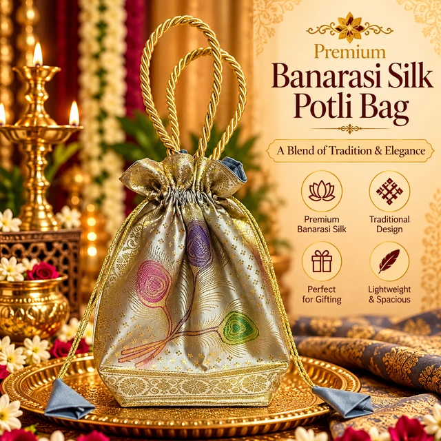 Banarasi Silk Brocade Potli Bag with Gold Handle | Traditional Indian Pouch