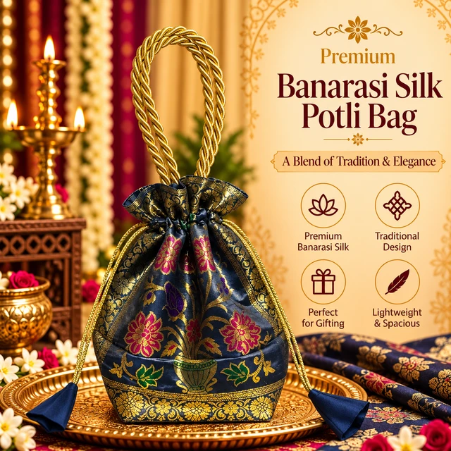 Banarasi Silk Brocade Potli Bag with Gold Handle | Traditional Indian Pouch