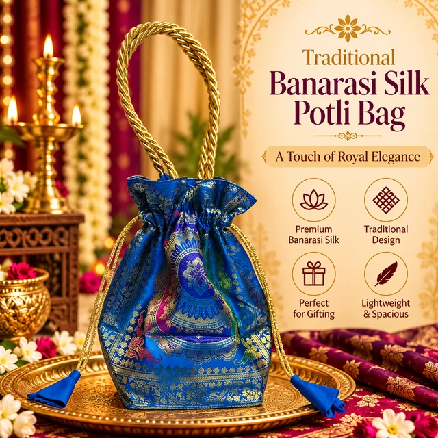 Banarasi Silk Brocade Potli Bag with Gold Handle | Traditional Indian Pouch