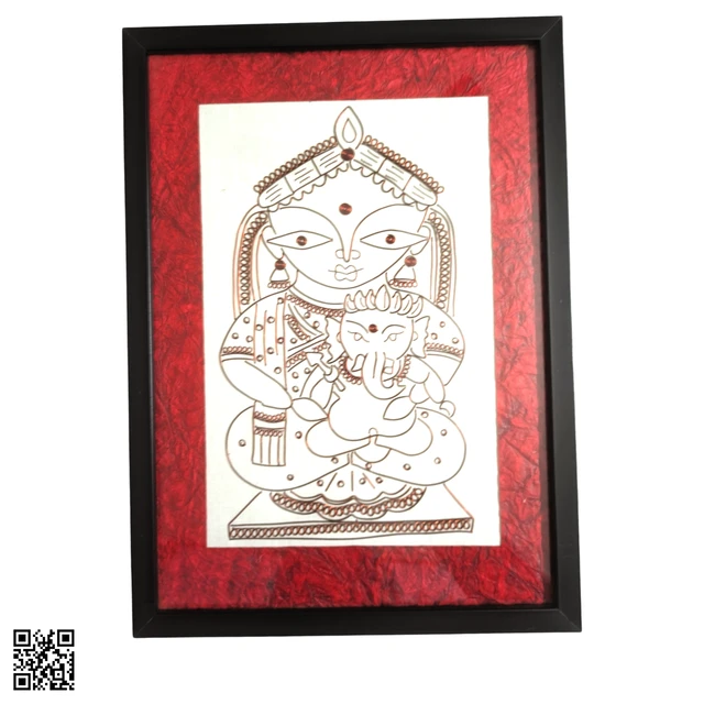 Parvati-Ganesha Photo Frame Copper Wire Art Wall Hanging - 35cm*26cm