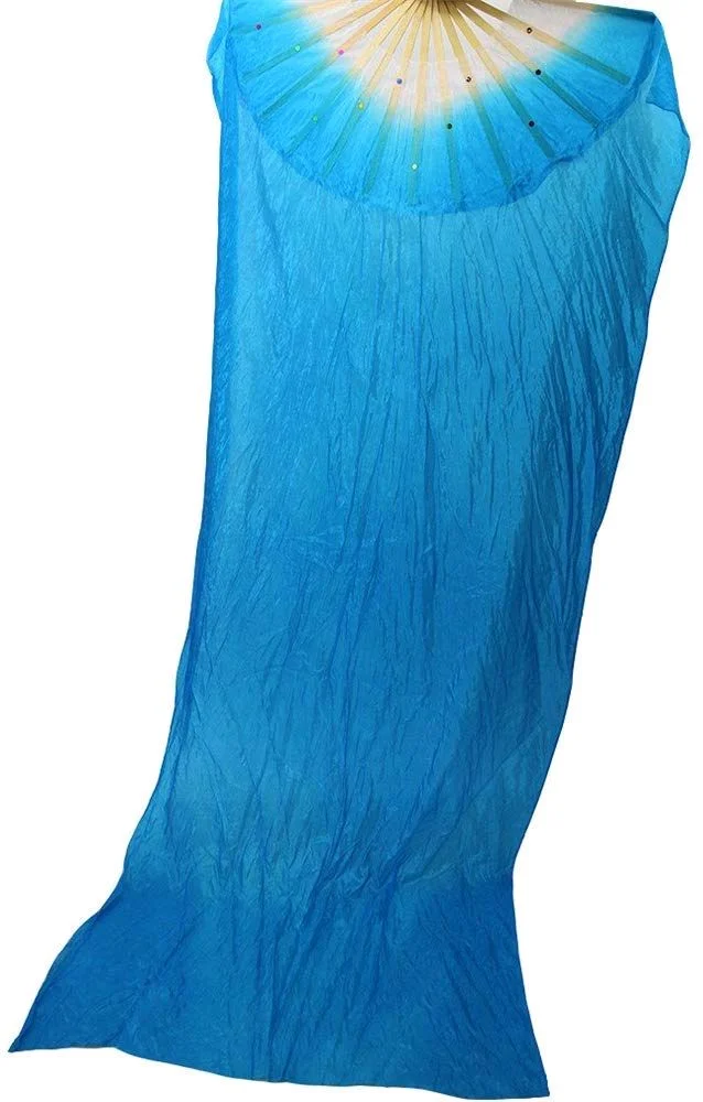 Hand Made Colorful Floral Pattern Hand Held Foldable Japanese Silk Bamboo Fan With Fabric For Dance Performance Or Decoration (Blue)