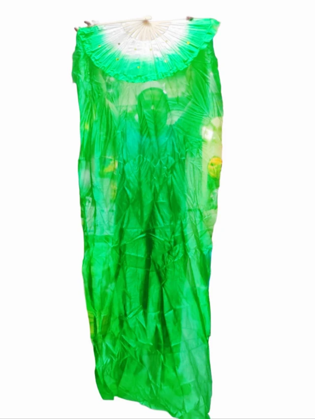 Hand Made Colorful Floral Pattern Hand Held Foldable Japanese Silk Bamboo Fan With Fabric For Dance Performance Or Decoration (Green)