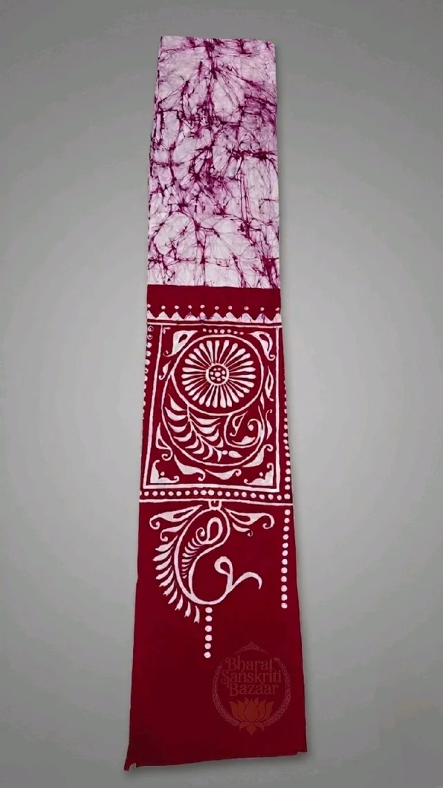 Shantiniketan Traditional Batik & Kalka Design Cotton Uttorio (White & Red)