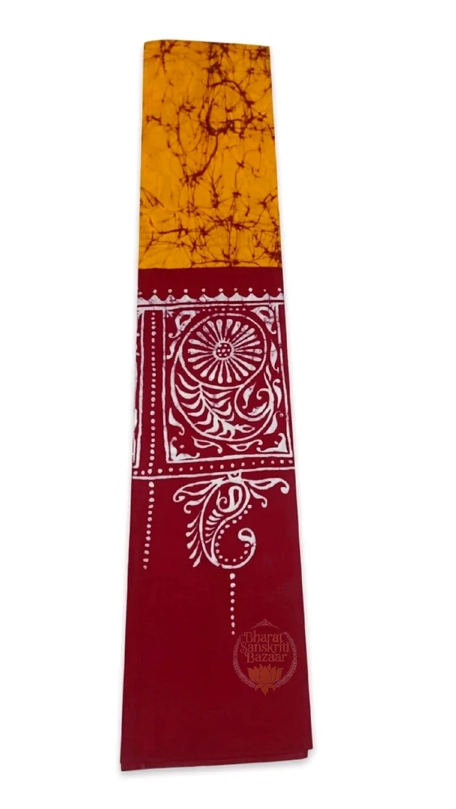 Shantiniketan Traditional Batik & Kalka Design Cotton Uttorio (Yellow & Red)