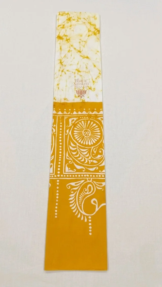 Shantiniketan Traditional Batik & Kalka Design Cotton Uttorio (White & Yellow)