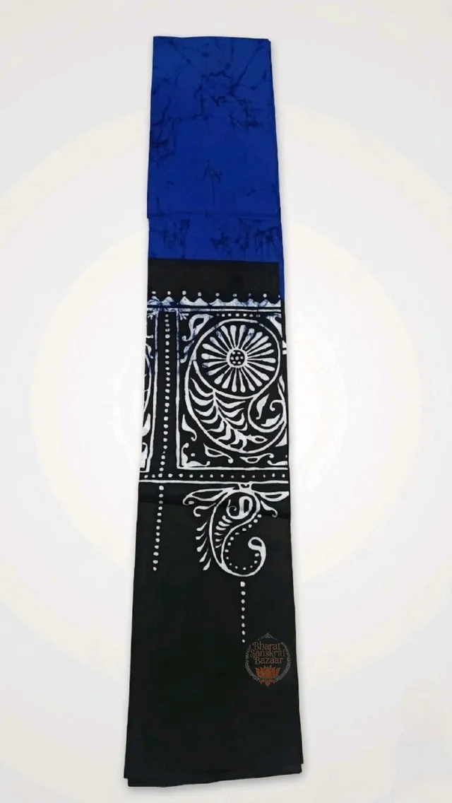 Shantiniketan Traditional Batik & Kalka Design Cotton Uttorio (Blue & Black) - 2.20mtr (L) x 17inch (W)