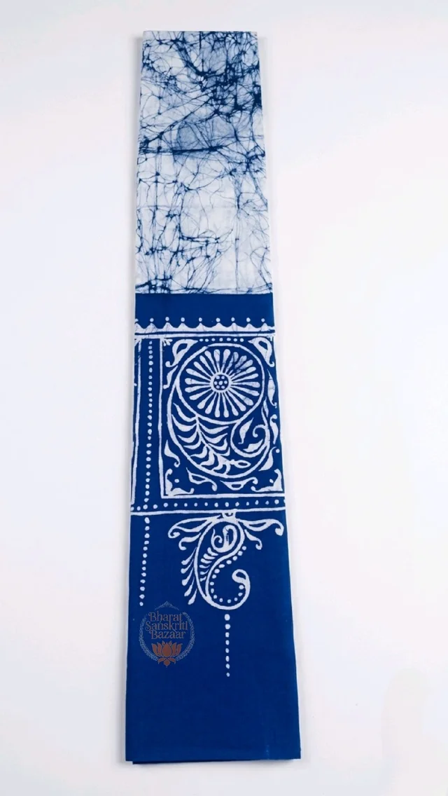 Shantiniketan Traditional Batik & Kalka Design Cotton Uttorio (White & Blue)