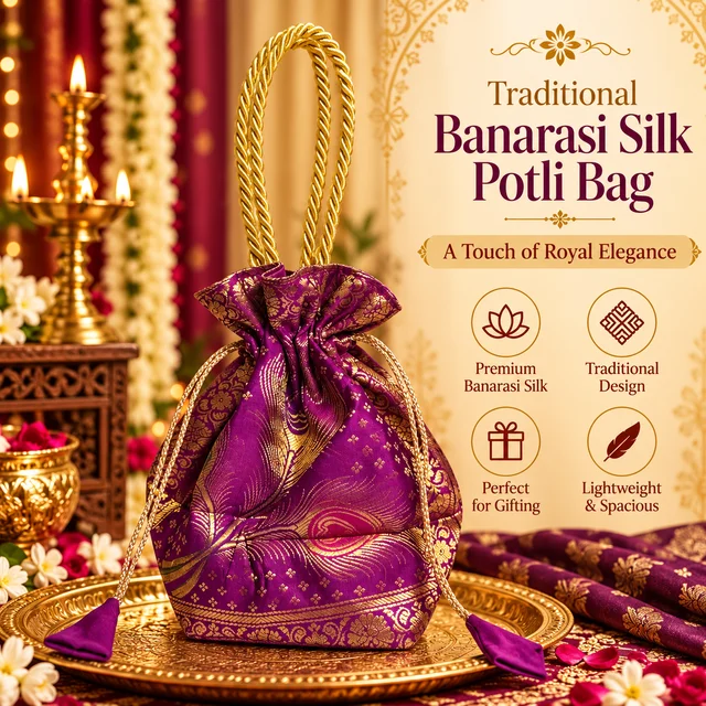 Banarasi Silk Brocade Potli Bag with Gold Handle | Traditional Indian Pouch