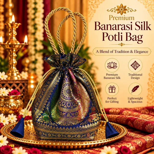 Banarasi Silk Brocade Potli Bag with Gold Handle | Traditional Indian Pouch