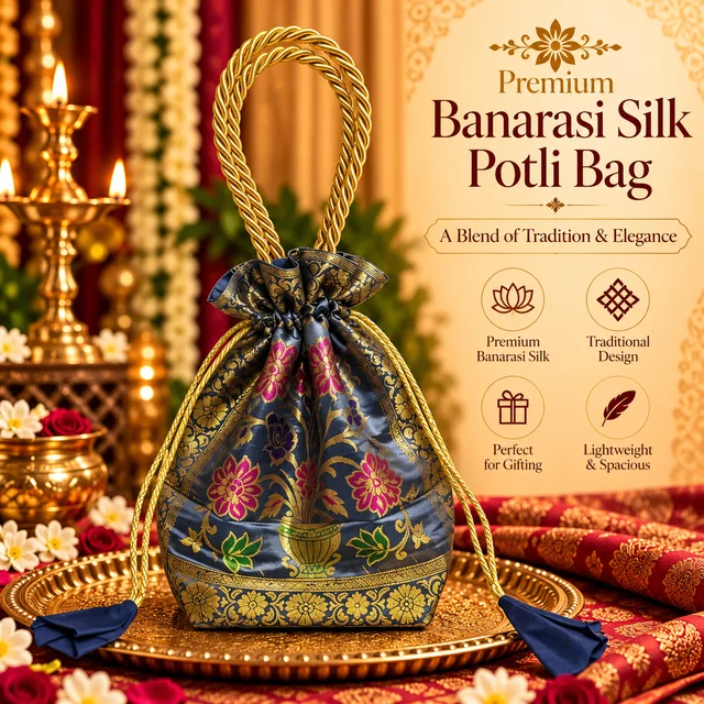 Banarasi Silk Brocade Potli Bag with Gold Handle | Traditional Indian Pouch