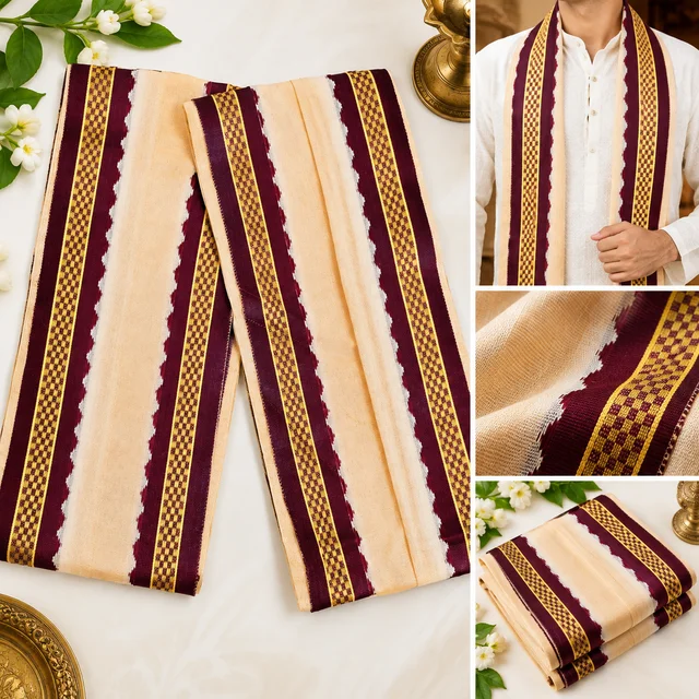 Traditional Cream Uttorio with Maroon & Gold Border | Bengali Cultural Uttariya | Bharat Sanskriti Bazaar