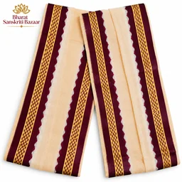 Traditional Cream Uttorio with Maroon & Gold Border | Bengali Cultural Uttariya | Bharat Sanskriti Bazaar