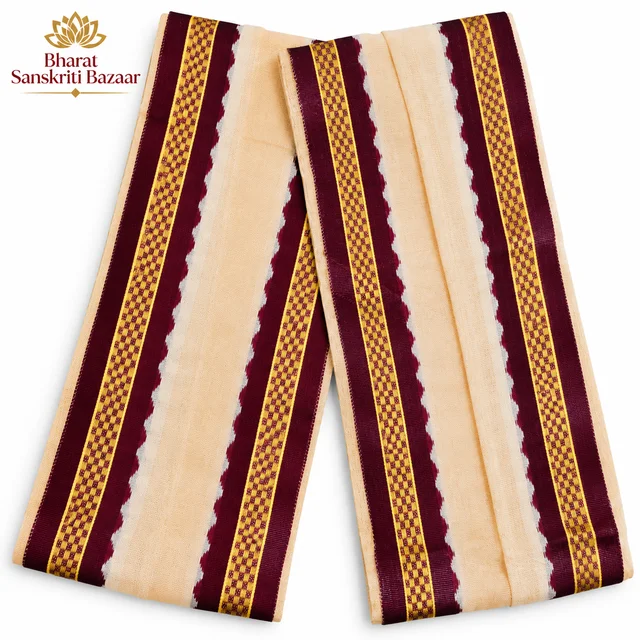 Traditional Cream Uttorio with Maroon & Gold Border | Bengali Cultural Uttariya | Bharat Sanskriti Bazaar
