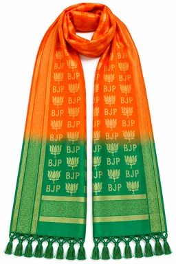 Premium BJP Party Stole / Uttorio for Men & Women | Woven Golden BJP Lettering & Lotus Design | Saffron Green Dupatta Scarf with Tassel Fringe | 2.25 Metre
