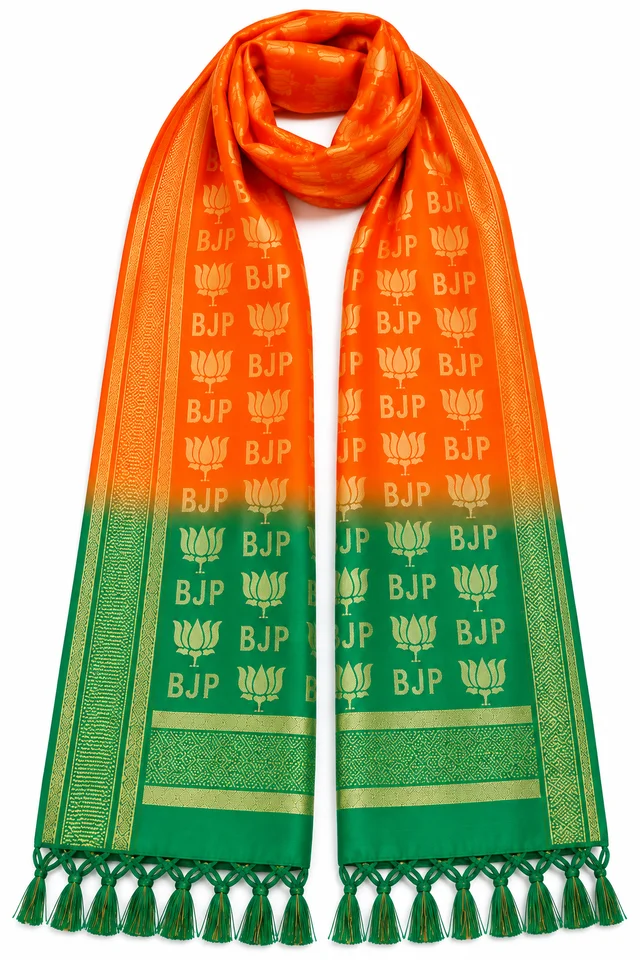 Premium BJP Party Stole / Uttorio for Men & Women | Woven Golden BJP Lettering & Lotus Design | Saffron Green Dupatta Scarf with Tassel Fringe | 2.25 Metre