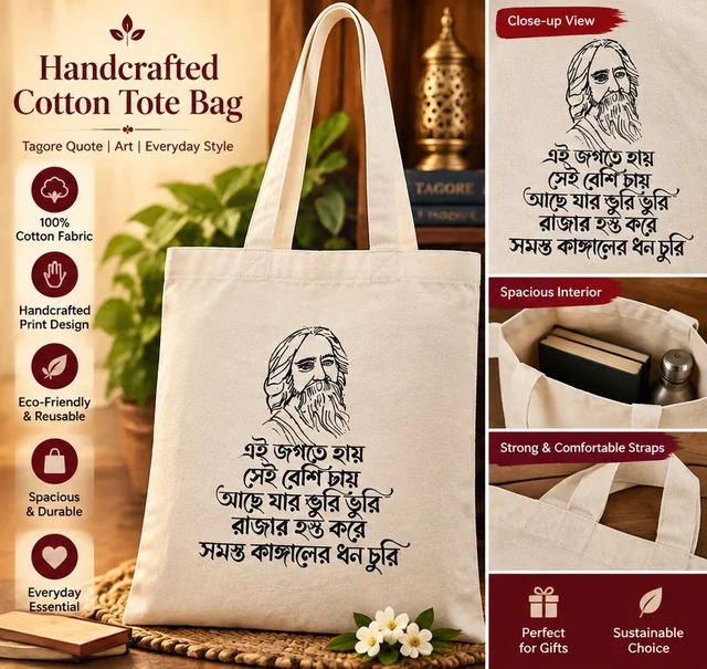 Handcrafted Cotton Tote Bag – Rabindranath Tagore Portrait & Bengali Art