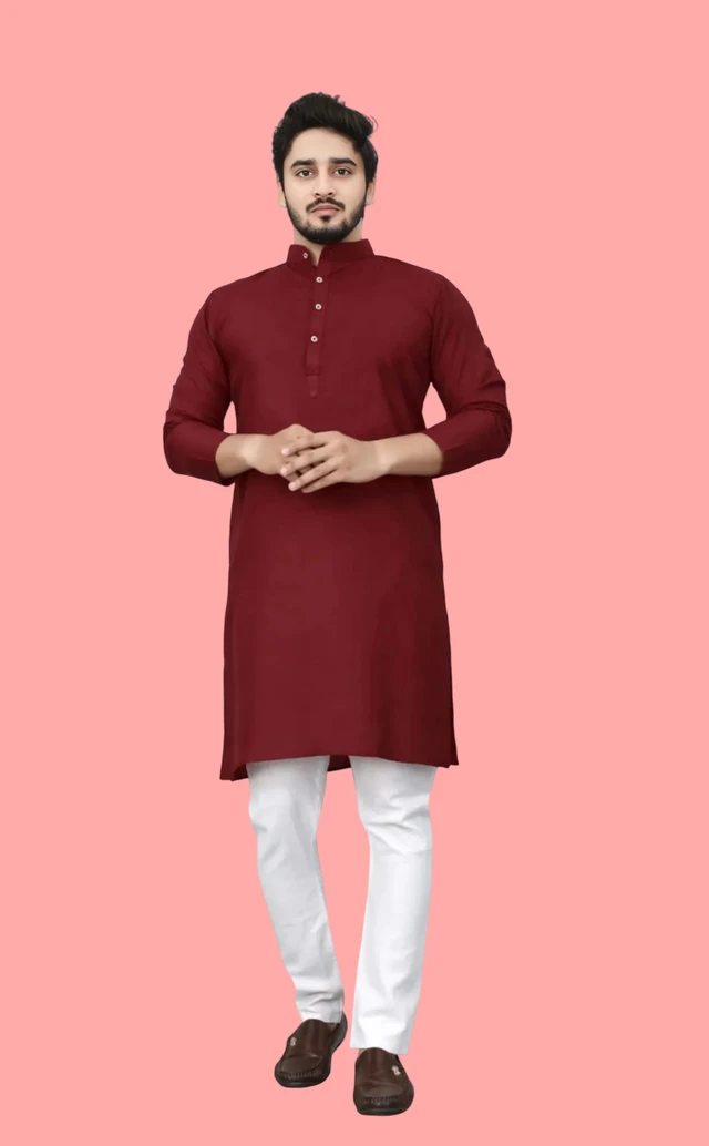 Plain Maroon Kurta For Men - M