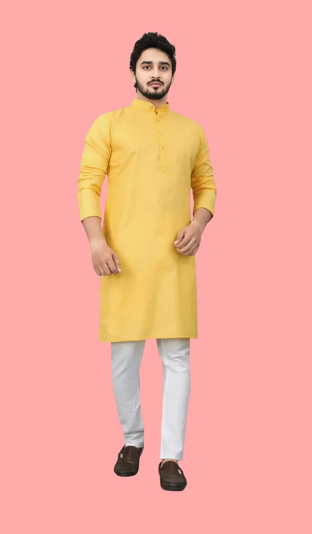 Plain Yellow Kurta For Men - M