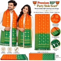 Premium BJP Party Stole / Uttorio for Men & Women | Woven Golden BJP Lettering & Lotus Design | Saffron Green Dupatta Scarf with Tassel Fringe | 2.25 Metre