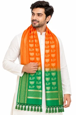 Premium BJP Party Stole / Uttorio for Men & Women | Woven Golden BJP Lettering & Lotus Design | Saffron Green Dupatta Scarf with Tassel Fringe | 2.25 Metre