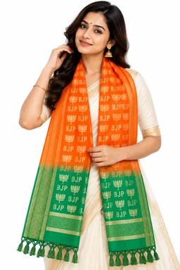 Premium BJP Party Stole / Uttorio for Men & Women | Woven Golden BJP Lettering & Lotus Design | Saffron Green Dupatta Scarf with Tassel Fringe | 2.25 Metre