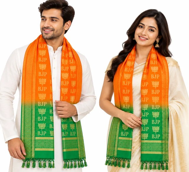 Premium BJP Party Stole / Uttorio for Men & Women | Woven Golden BJP Lettering & Lotus Design | Saffron Green Dupatta Scarf with Tassel Fringe | 2.25 Metre