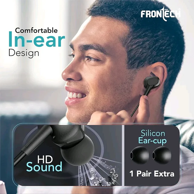 FRONTECH Wired in Ear, Earphones with Mic, Type-C Jack Connectivity, 10 mm Drivers and HD Audio Quality - Black
