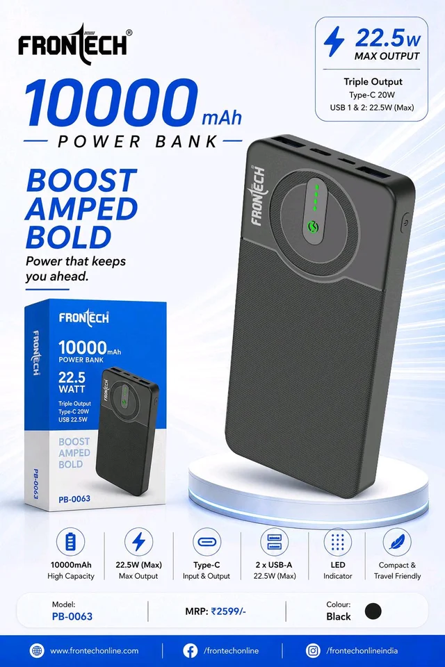 FRONTECH 20000 mAh Li-Polymer Power Bank with LED Indicator, Dual USB (PB-0062)