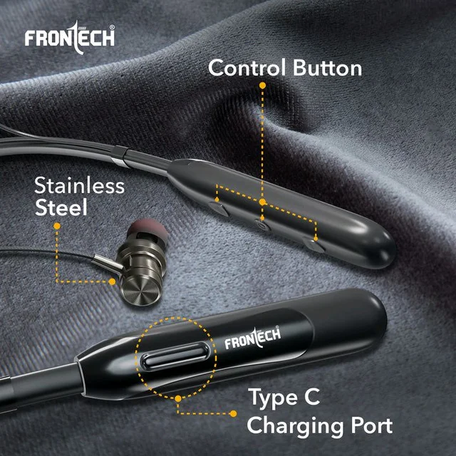 FRONTECH Frontech Wireless Neckband | 25H Playback | Bluetooth 5.1 | 10m Range | Magnetic Earbuds | 1Hr Fast Type-C Charging (EF-0076) - Black