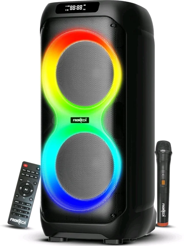 FRONTECH Smash PRO-95P Multimedia Bluetooth Speaker | 150W Output | RGB Lights | Wireless Mic & Karaoke | Dual 10" Woofers | AUX, USB, TF Card, FM Radio | BT 5.0 | Portable Design | TWS | (SW-0095P)