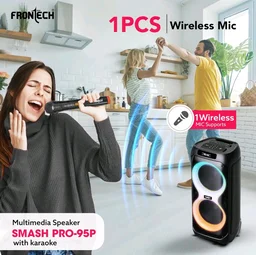 FRONTECH Smash PRO-95P Multimedia Bluetooth Speaker | 150W Output | RGB Lights | Wireless Mic & Karaoke | Dual 10" Woofers | AUX, USB, TF Card, FM Radio | BT 5.0 | Portable Design | TWS | (SW-0095P)