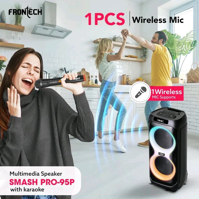 FRONTECH Smash PRO-95P Multimedia Bluetooth Speaker | 150W Output | RGB Lights | Wireless Mic & Karaoke | Dual 10" Woofers | AUX, USB, TF Card, FM Radio | BT 5.0 | Portable Design | TWS | (SW-0095P)