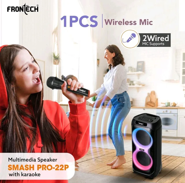 FRONTECH Smash PRO-22P 100W Party Speaker | TWS | Karaoke with Wireless Mic | RGB LED Lights | BT 5.0 | FM | USB, TF, AUX | Type-C Charging | 1-Year Warranty (SW-0022P)