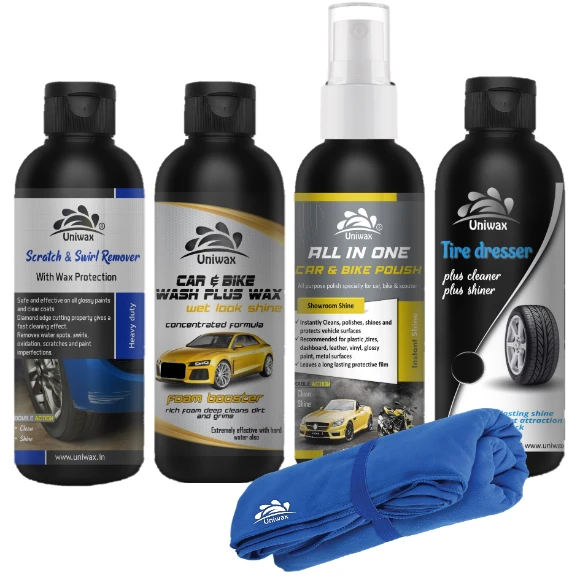 combo car care products, uniwax all- in- one polish , tyre polish, car wash plus wax shampoo, scratch remover micro fiber cloth - 200 gram each