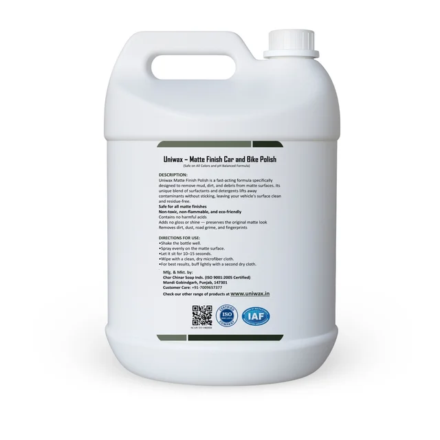 Uniwax Matte Paint Automotive Polish โ Non-Glossy Finish Protector for Cars & Bikes โ UV & Dust Resistant Formula - 5 liter