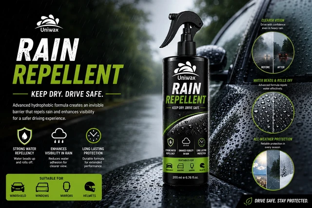 Uniwax Rain Repellent Spray 200 ml | Hydrophobic Windshield Coating | Improves Visibility in Rain | Water Beading Formula | For Car Glass, Windows, Mirrors & Helmet Visors